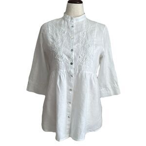 Modissima Womens 100% Linen Embroidered 3/4 sleeve Button Down Tunic Blouse Sz.M